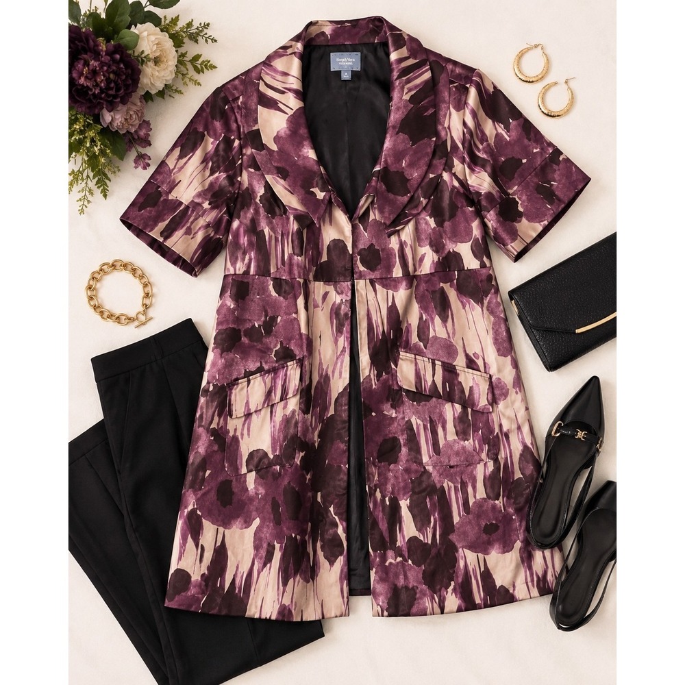 Vera Wang XL Satin Jacket Floral Topper Plum Watercolor Mother Bride Statement